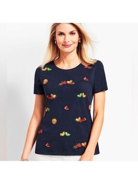 Talbots Tutti Frutti Beaded Embroidered Navy Fruit Crewneck Tee, size L